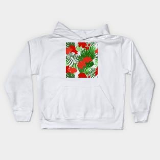 Hand drawn hibiscus, tropical leaves red and green colored seamless summer time Kids Hoodie